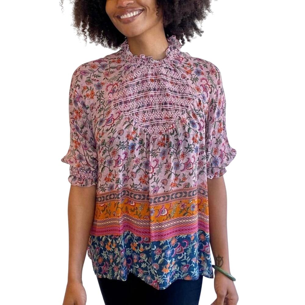 Johnny Was Jade Ode Floral Boho Half Sleeve Smocked Blouse Top Small